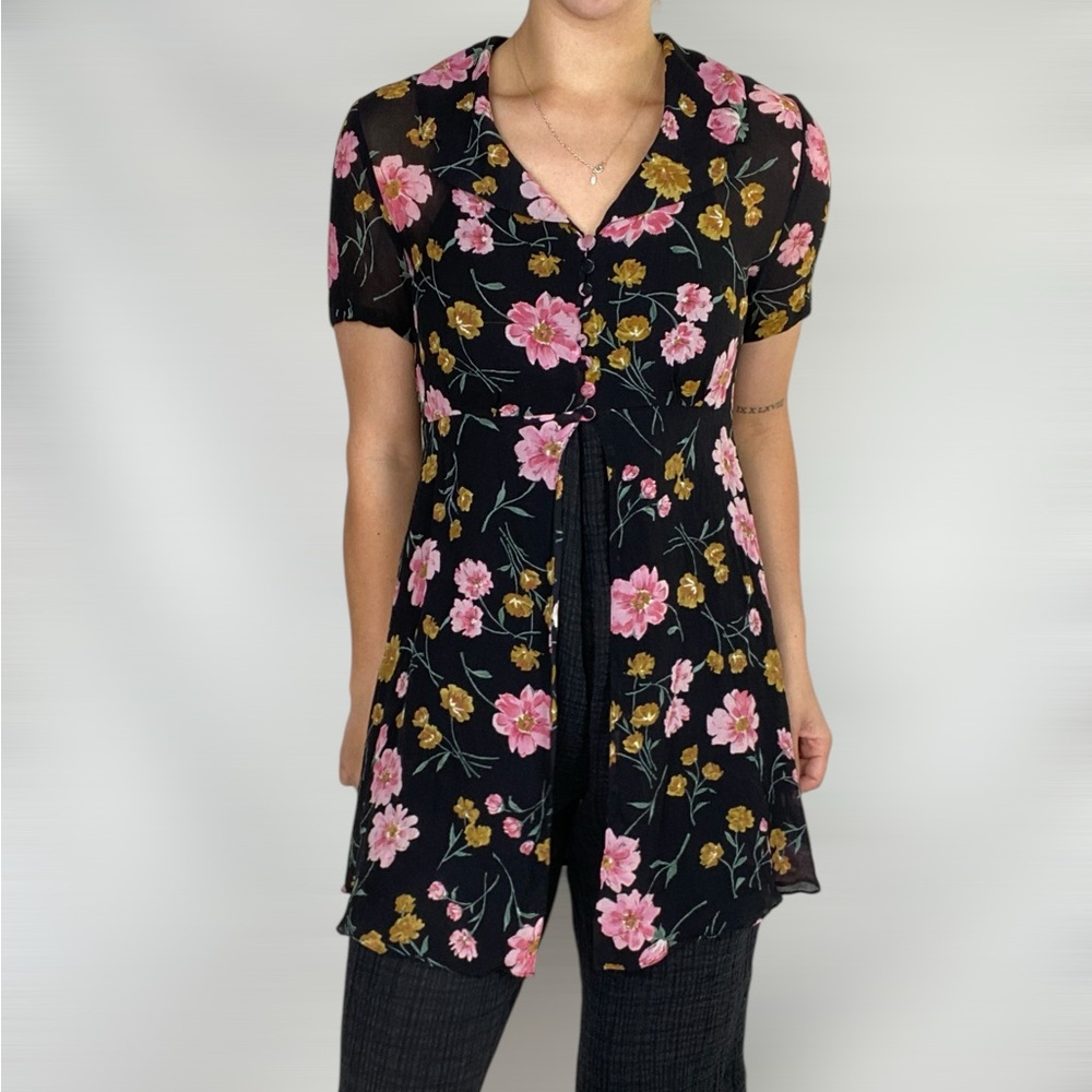 RICKIE FREEMAN TERI‎ JON 100% Silk Floral Sheer Button Down Cover Blouse